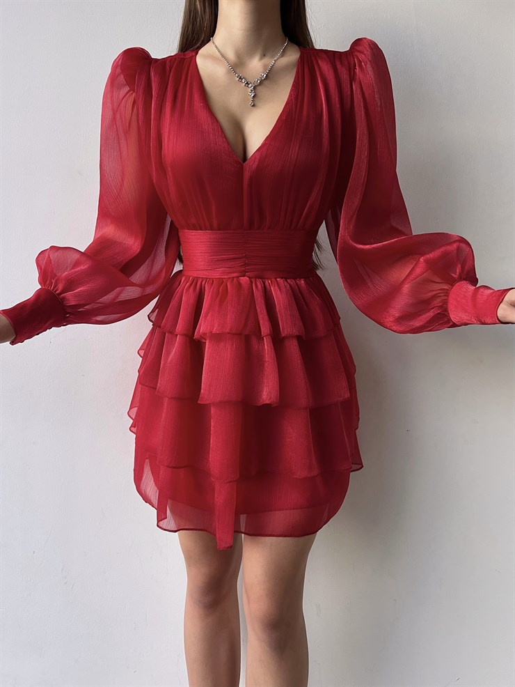 V Yaka Belden Oturtmalı Tül Kol Memo Kadın Kırmızı Fırfırlı Elbise 23K000295