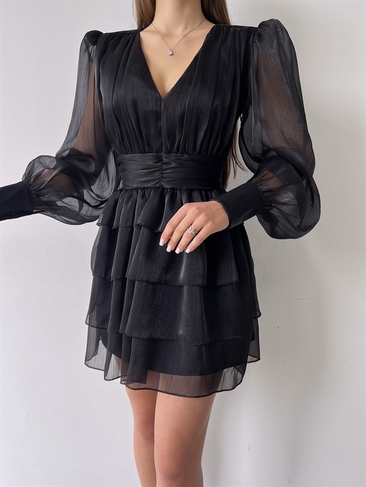 V Yaka Belden Oturtmalı Tül Kol Memo Kadın Siyah Fırfırlı Elbise 23K000295