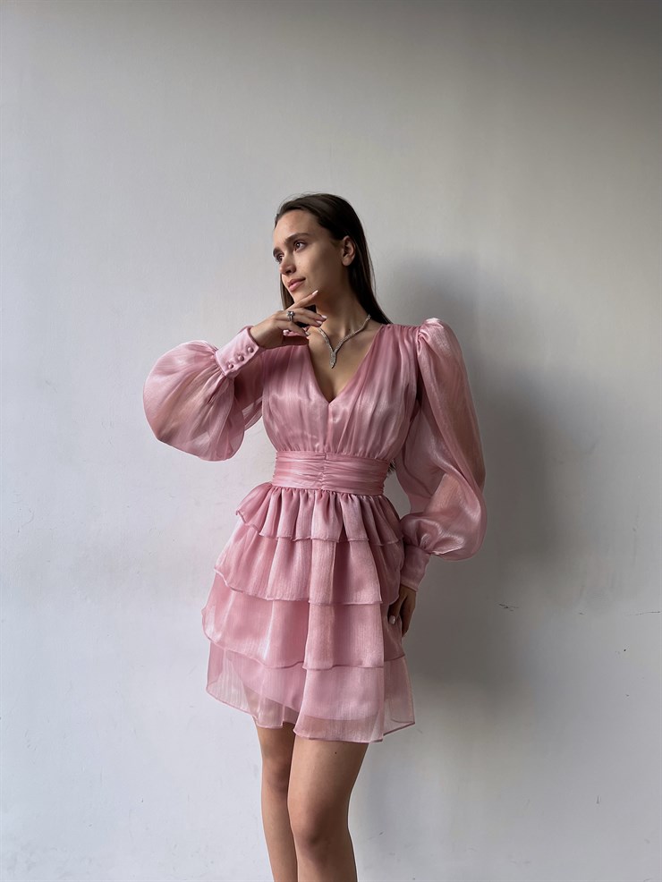 V Yaka Belden Oturtmalı Tül Kol Memo Kadın Pudra Fırfırlı Elbise 23K000295