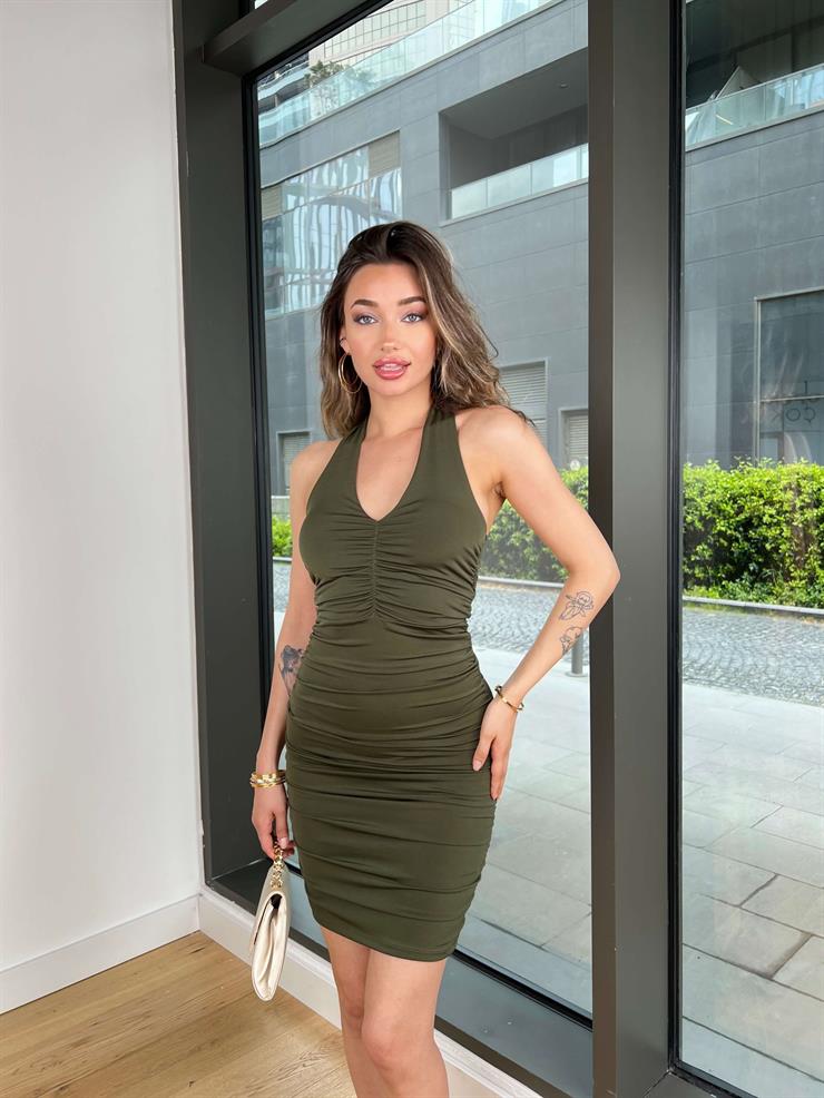 V Yaka Boyundan Bağlamalı Drapeli Menier Haki Kadın Mini Elbise 25Y346