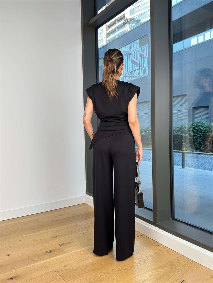 Asimetrik Kesim Bluz Yüksek Bel Bol Paça Pantolon Menlen Siyah Kadın Takım 25Y500