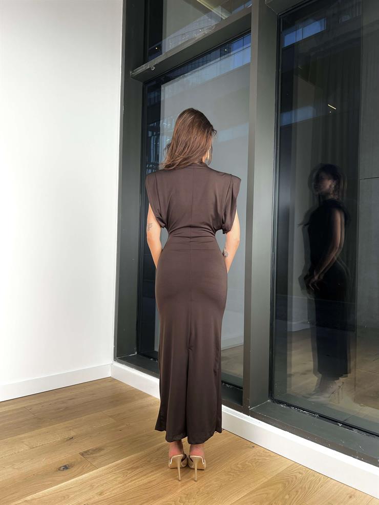 Omuz Vatkalı Kolsuz Merry Kadın Kahve Maxi Elbise 24Y013