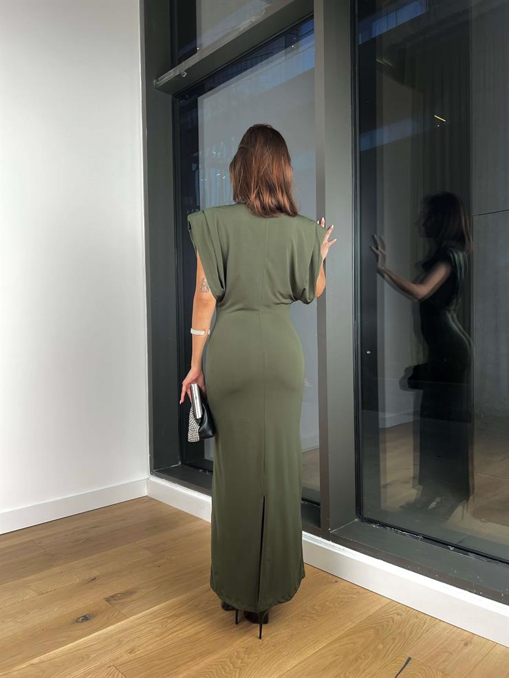 Omuz Vatkalı Kolsuz Merry Kadın Haki Maxi Elbise 24Y013