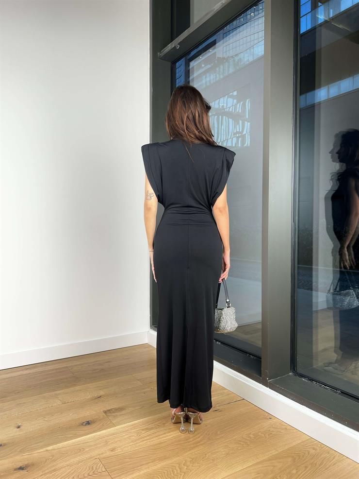 Omuz Vatkalı Kolsuz Merry Kadın Siyah Maxi Elbise 24Y013