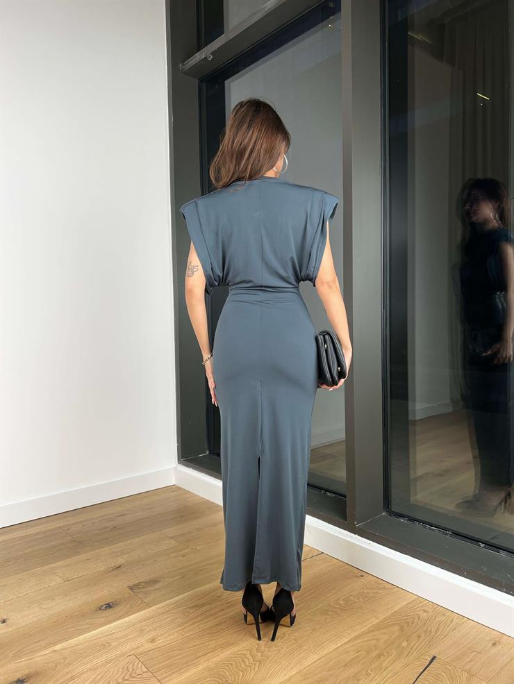 Omuz Vatkalı Kolsuz Merry Kadın Füme Maxi Elbise 24Y013