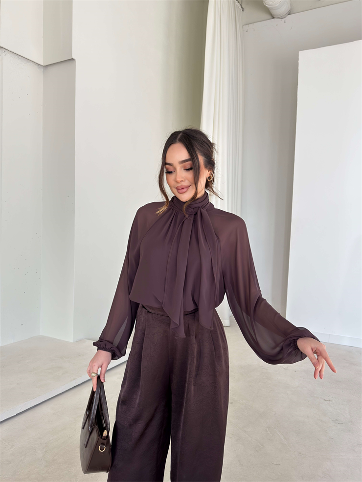 Kendinden Fularlı Kolları Transparan Drapeli Mervine Kahve Kadın Bluz 26Y039