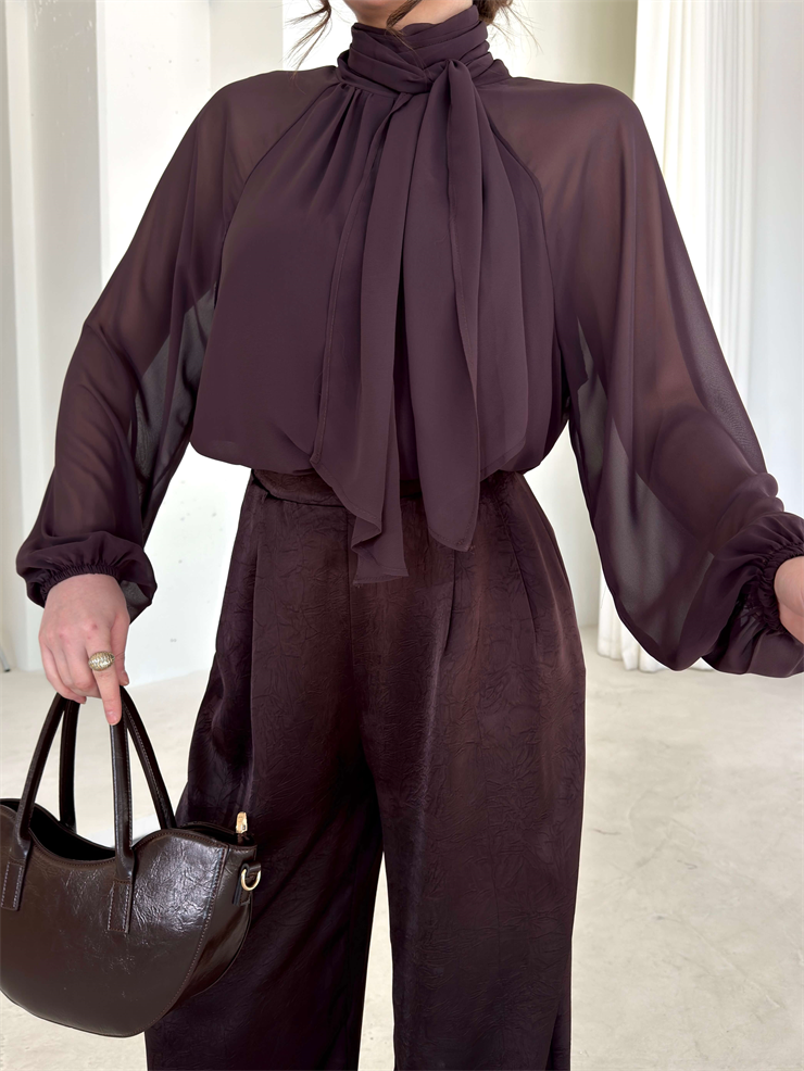 Kendinden Fularlı Kolları Transparan Drapeli Mervine Kahve Kadın Bluz 26Y039