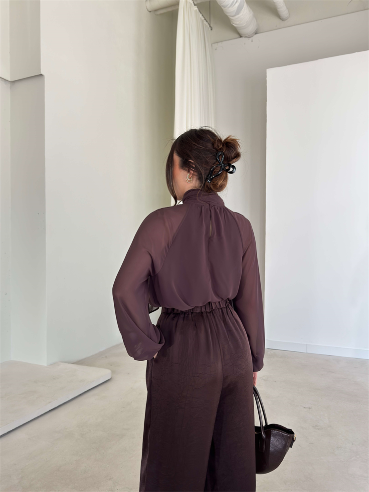 Kendinden Fularlı Kolları Transparan Drapeli Mervine Kahve Kadın Bluz 26Y039