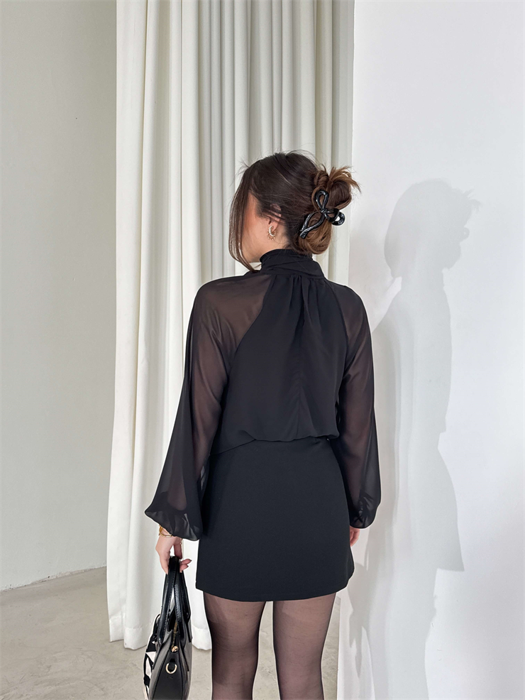 Kendinden Fularlı Kolları Transparan Drapeli Mervine Siyah Kadın Bluz 26Y039