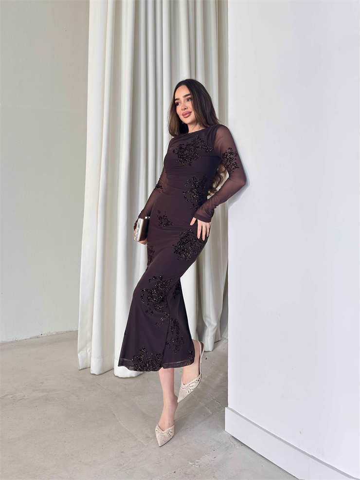 Parıltı Detaylı Mevra Kahve Kadın Şifon Elbise 26Y055