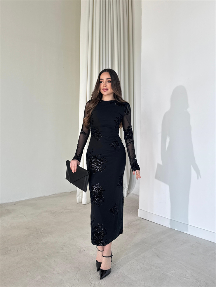 Parıltı Detaylı Mevra Siyah Kadın Tül Elbise 26Y055