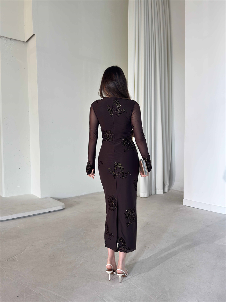 Parıltı Detaylı Mevra Kahve Kadın Şifon Elbise 26Y055