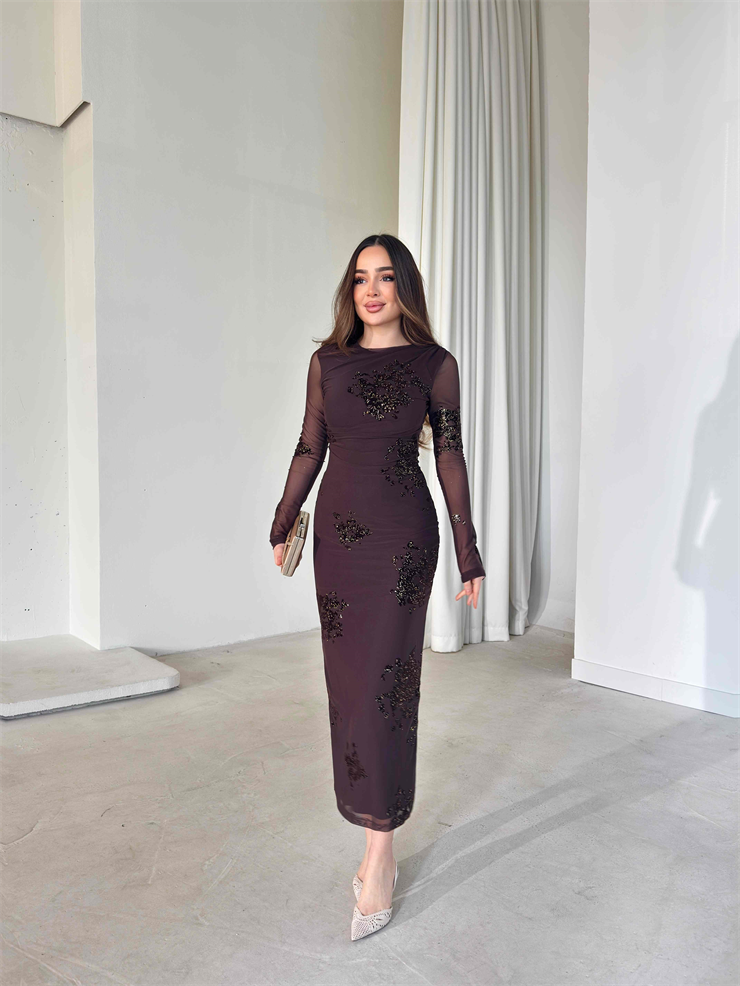 Parıltı Detaylı Mevra Kahve Kadın Şifon Elbise 26Y055