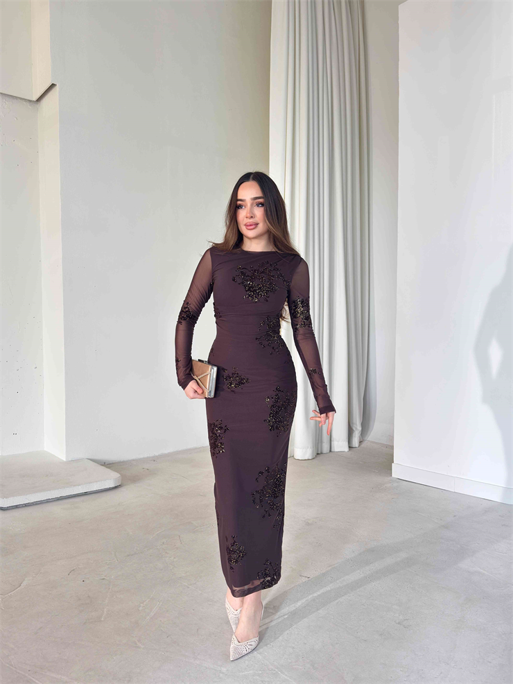 Parıltı Detaylı Mevra Kahve Kadın Şifon Elbise 26Y055