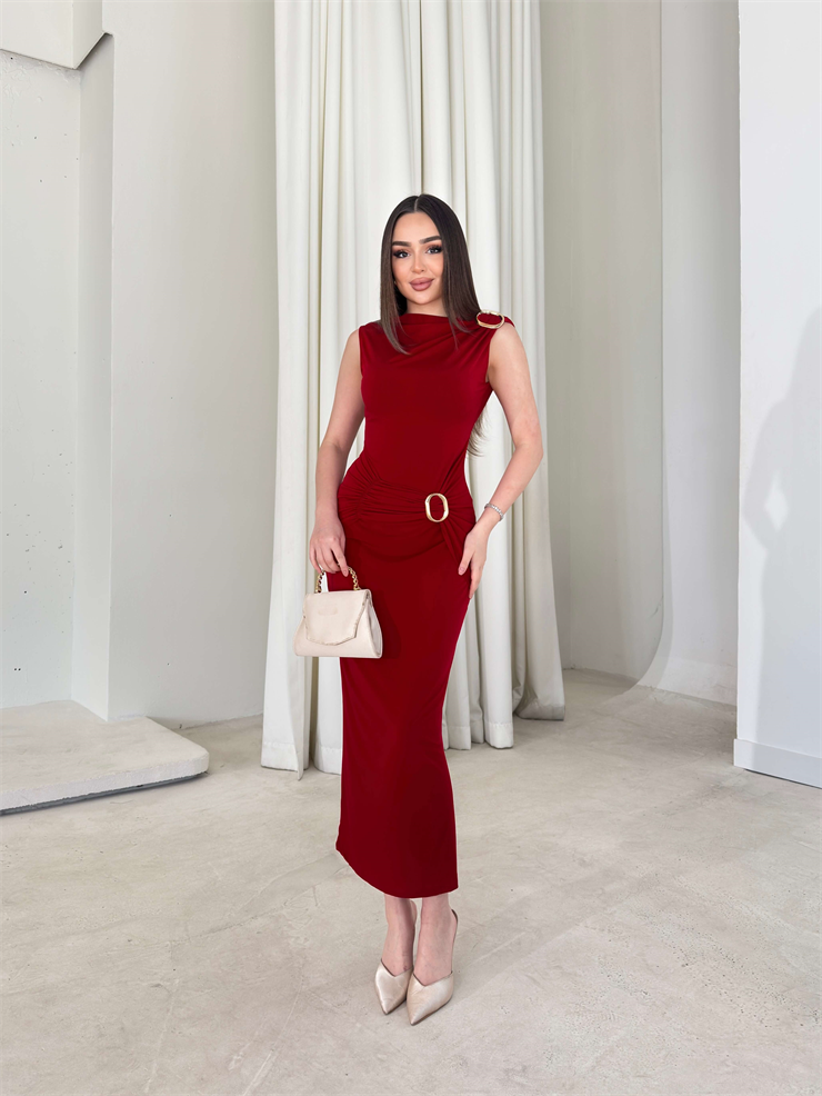 Ön Ve Omuz Aksesuar Detaylı Yandan Yırtmaçlı Kırmızı Mevren Kadın Elbise 26Y111