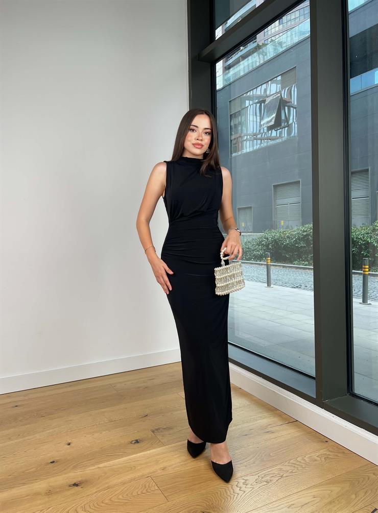 Belden büzgülü Yüksek Yaka Meyka Siyah Kadın elbise 25Y526