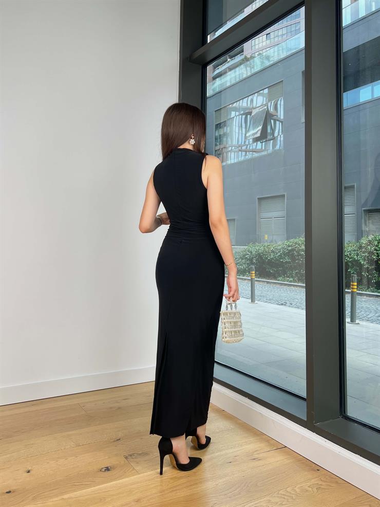 Belden büzgülü Yüksek Yaka Meyka Siyah Kadın elbise 25Y526