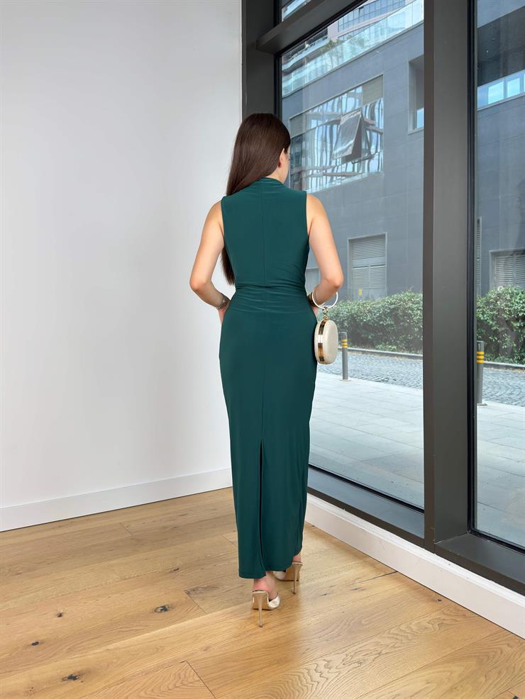 Belden Büzgülü Yüksek Yaka Detaylı Meyka Zümrüt Yeşili Kadın elbise 25Y526