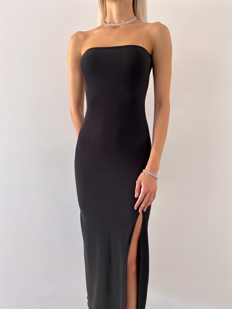 Straplez Yandan Yırtmaçlı Mia Kadın Siyah Midi Elbise 23Y000607