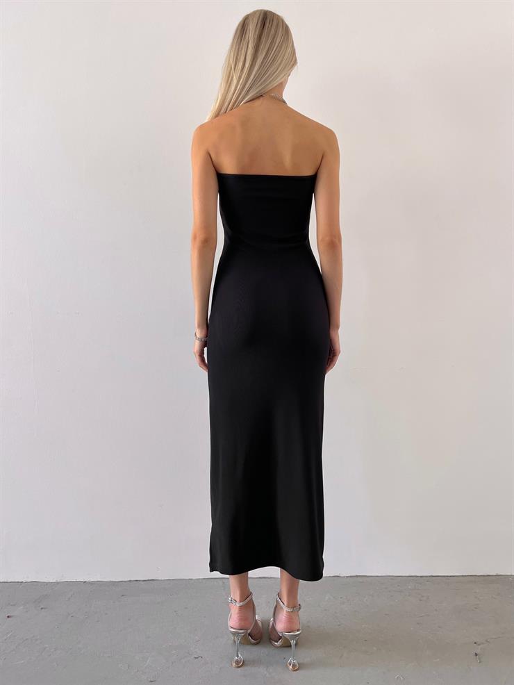 Straplez Yandan Yırtmaçlı Mia Kadın Siyah Midi Elbise 23Y000607