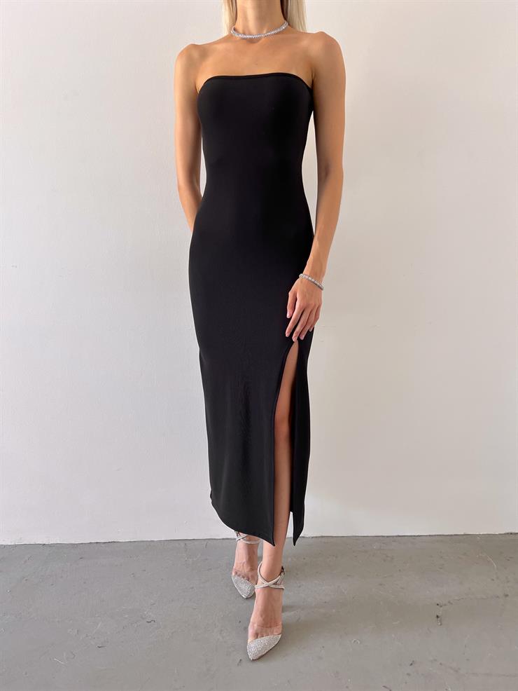 Straplez Yandan Yırtmaçlı Mia Kadın Siyah Midi Elbise 23Y000607