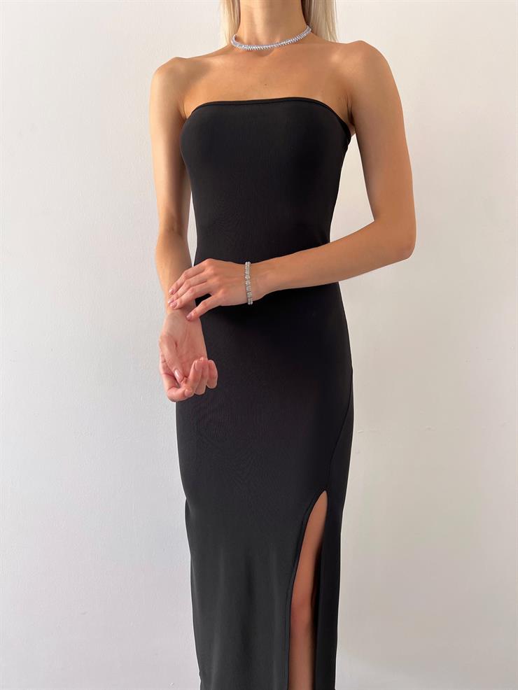 Straplez Yandan Yırtmaçlı Mia Kadın Siyah Midi Elbise 23Y000607