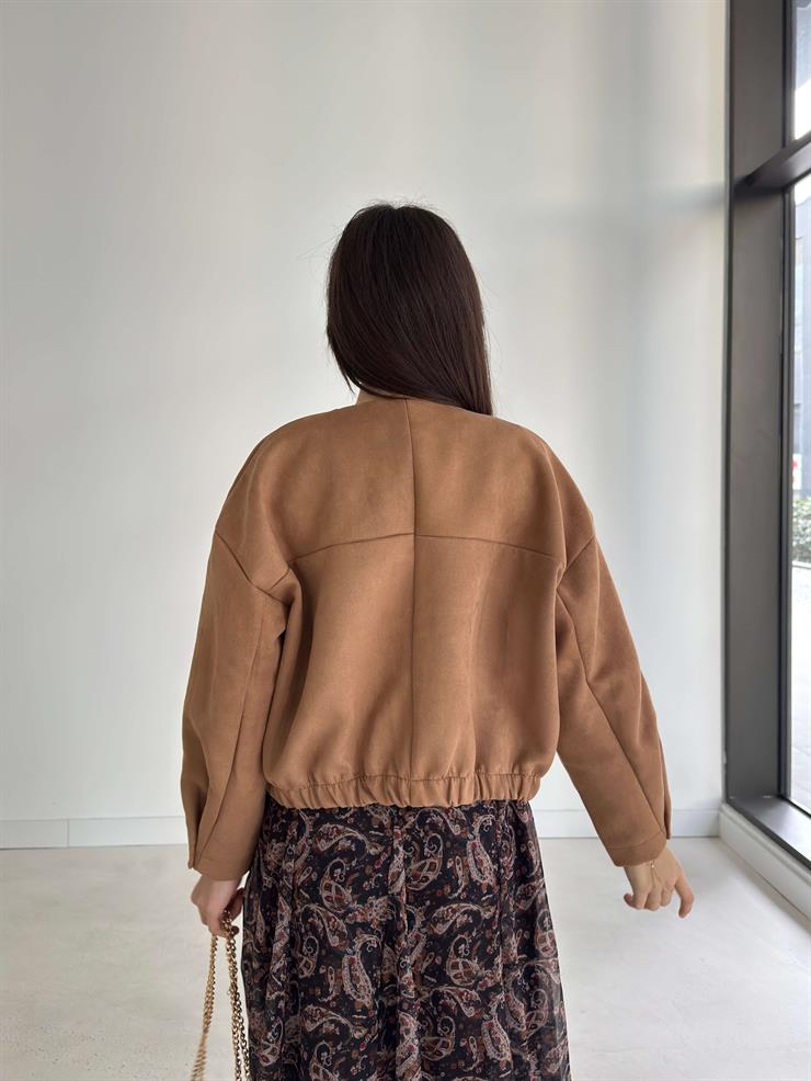 Önü Fermuarlı Beli Lastikli Mia Vizon Kadın Süet Bomber Ceket 26K367