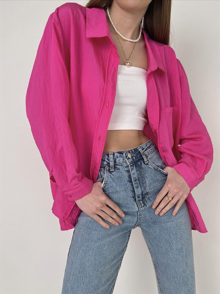 	Önü Cep Detaylı Oversize Michelle Kadın Pembe Gömlek 22Y000125