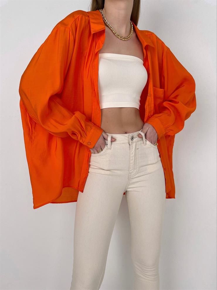 Önü Cep Detaylı Oversize Michelle Kadın Turuncu Gömlek 22Y000125