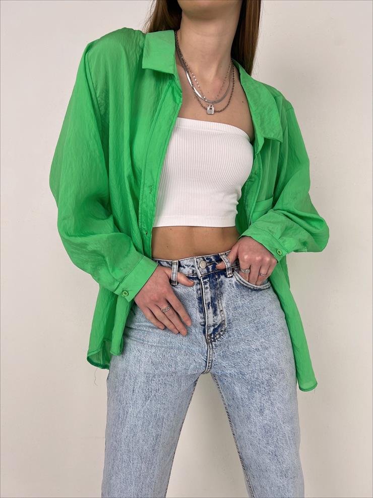 Önü Cep Detaylı Oversize Michelle Kadın Yeşil Gömlek 22Y000125