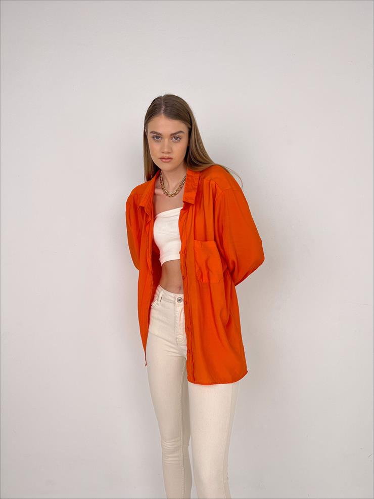 Önü Cep Detaylı Oversize Michelle Kadın Turuncu Gömlek 22Y000125