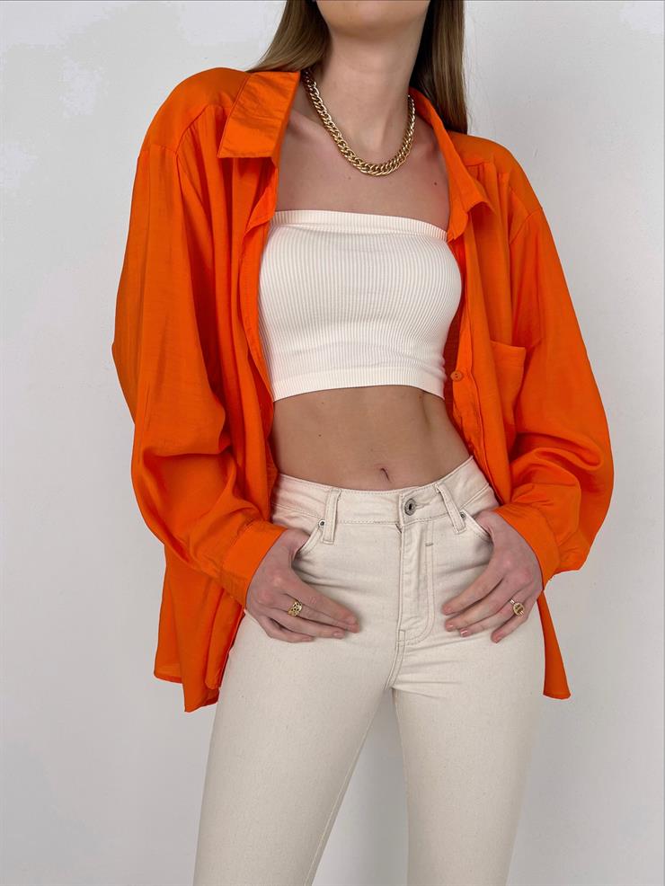 Önü Cep Detaylı Oversize Michelle Kadın Turuncu Gömlek 22Y000125