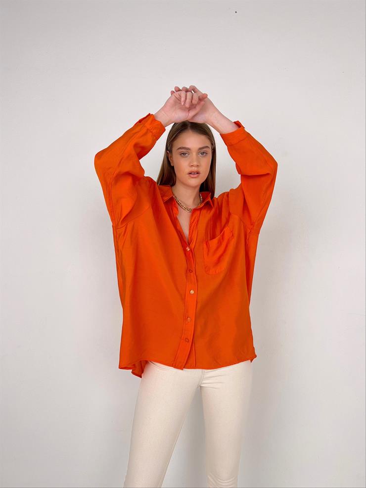 Önü Cep Detaylı Oversize Michelle Kadın Turuncu Gömlek 22Y000125
