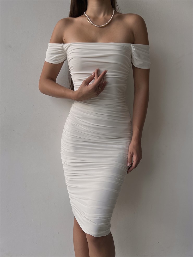 Midi Açık Omuz Büzgülü Trevor Kadın Beyaz Kalem Elbise 22Y000282