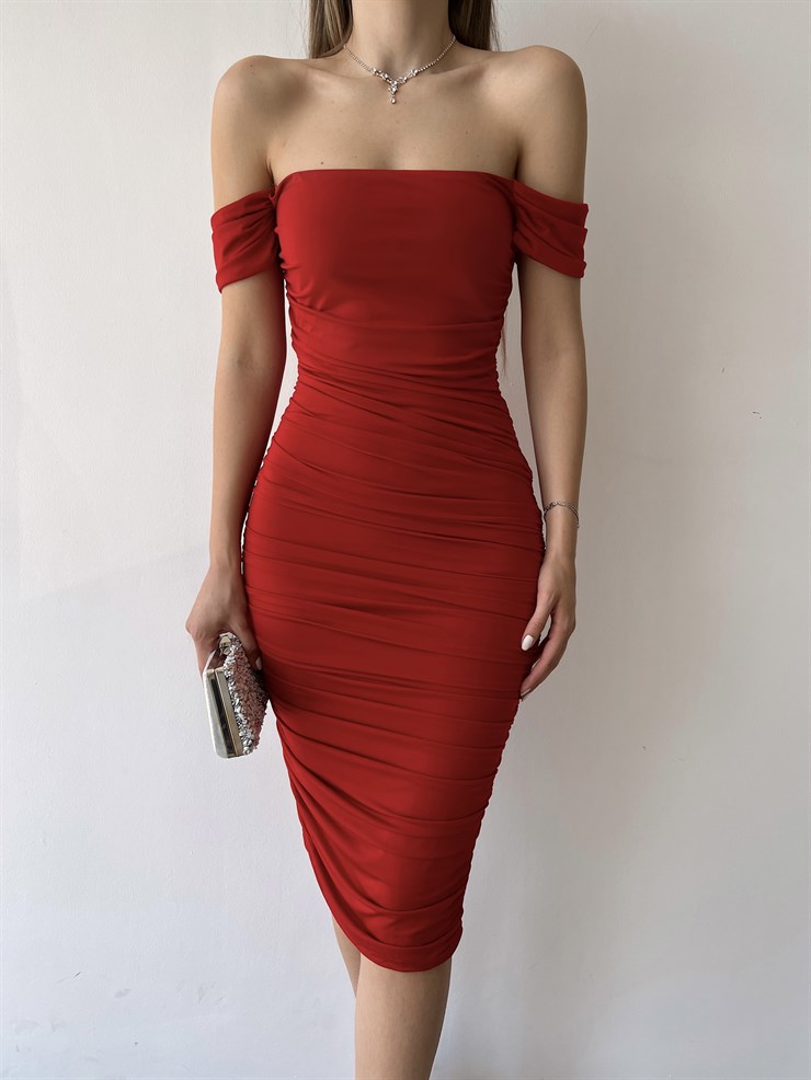 Midi Açık Omuz Büzgülü Trevor Kadın Kırmızı Kalem Elbise 22Y000282