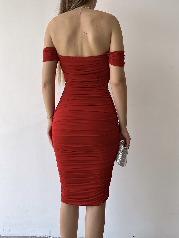 Midi Açık Omuz Büzgülü Trevor Kadın Kırmızı Kalem Elbise 22Y000282