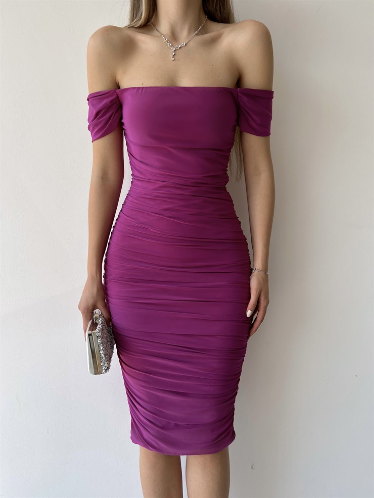 Midi Açık Omuz Büzgülü Trevor Kadın Mor Kalem Elbise 22Y000282