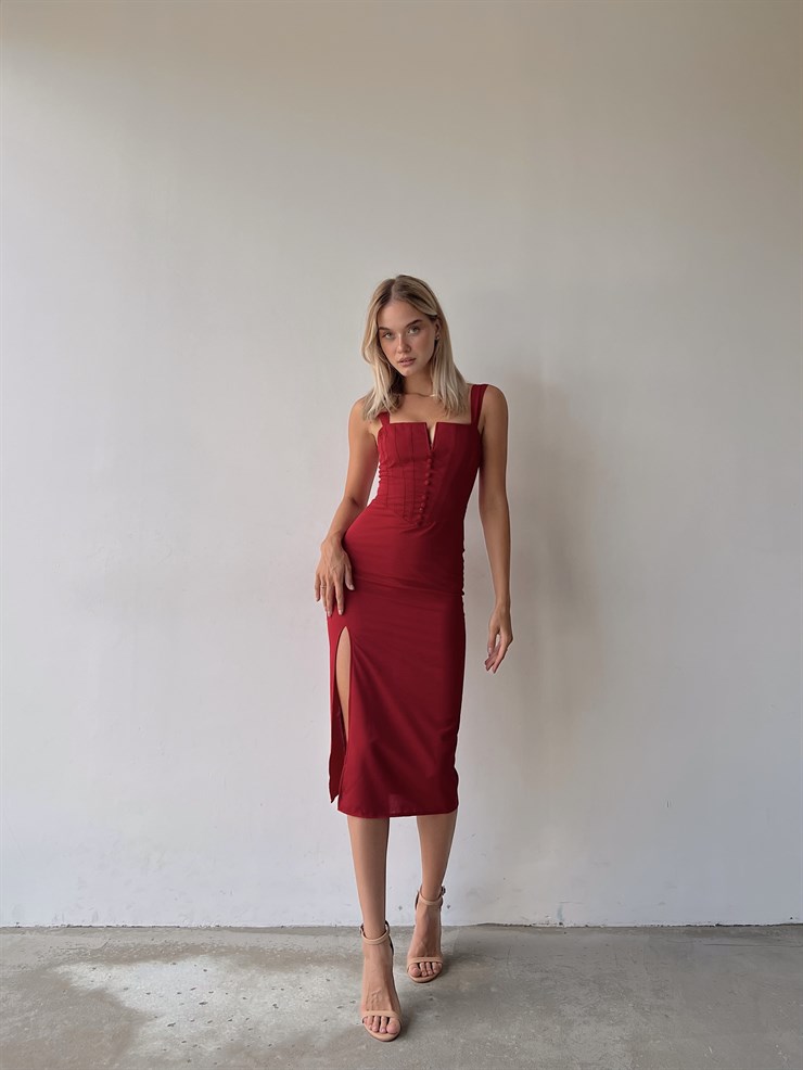 Midi Boy Askılı Yandan Yırtmaçlı Korse Rula Kadın Kırmızı Elbise 22Y000396