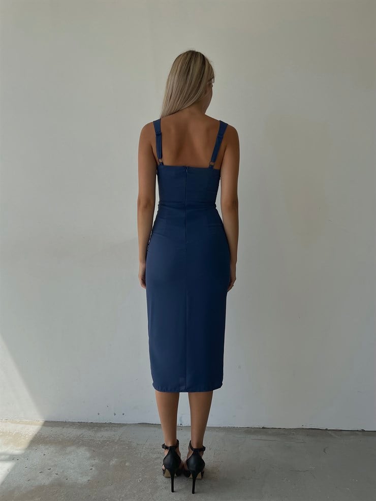 Midi Boy Askılı Yandan Yırtmaçlı Korse Rula Kadın İndigo Elbise 22Y000396