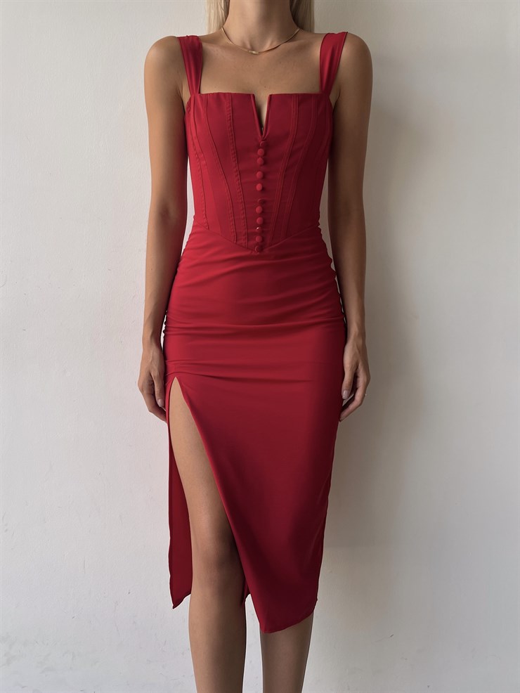 Midi Boy Askılı Yandan Yırtmaçlı Korse Rula Kadın Kırmızı Elbise 22Y000396