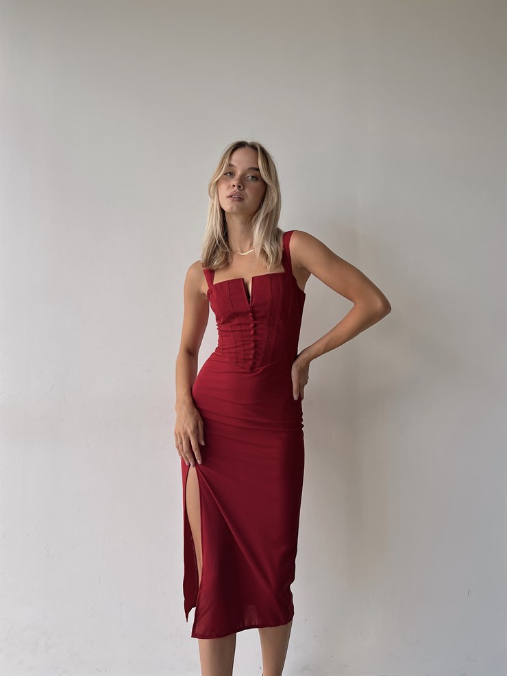 Midi Boy Askılı Yandan Yırtmaçlı Korse Rula Kadın Kırmızı Elbise 22Y000396