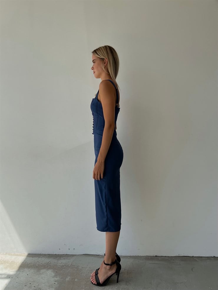 Midi Boy Askılı Yandan Yırtmaçlı Korse Rula Kadın İndigo Elbise 22Y000396