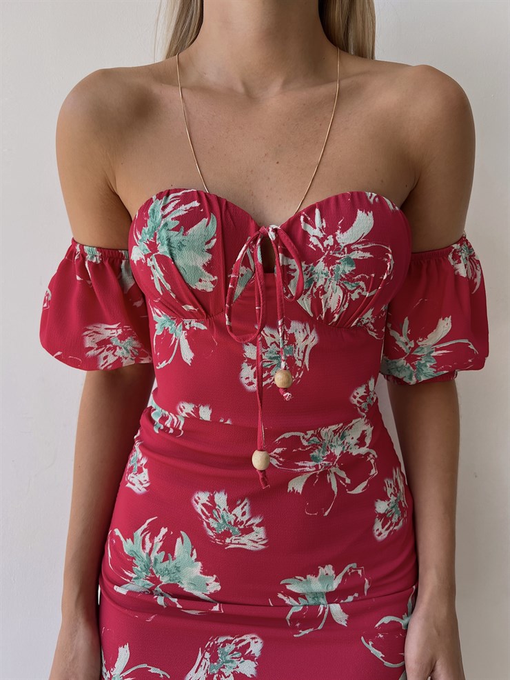 Midi Boy Çiçekli Göğüs Kuplu Boyu Ayarlanabilir Bağcıklı Kaley Kadın Bordo Elbise 22Y000298