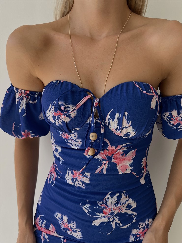 Midi Boy Çiçekli Göğüs Kuplu Boyu Ayarlanabilir Bağcıklı Kaley Kadın Saks Elbise 22Y000298