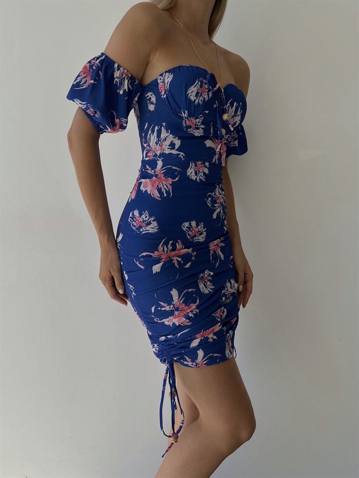 Midi Boy Çiçekli Göğüs Kuplu Boyu Ayarlanabilir Bağcıklı Kaley Kadın Saks Elbise 22Y000298