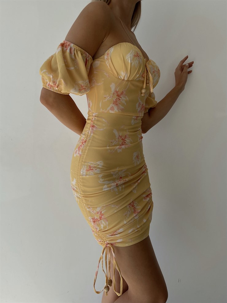 Midi Boy Çiçekli Göğüs Kuplu Boyu Ayarlanabilir Bağcıklı Kaley Kadın Sarı Elbise 22Y000298