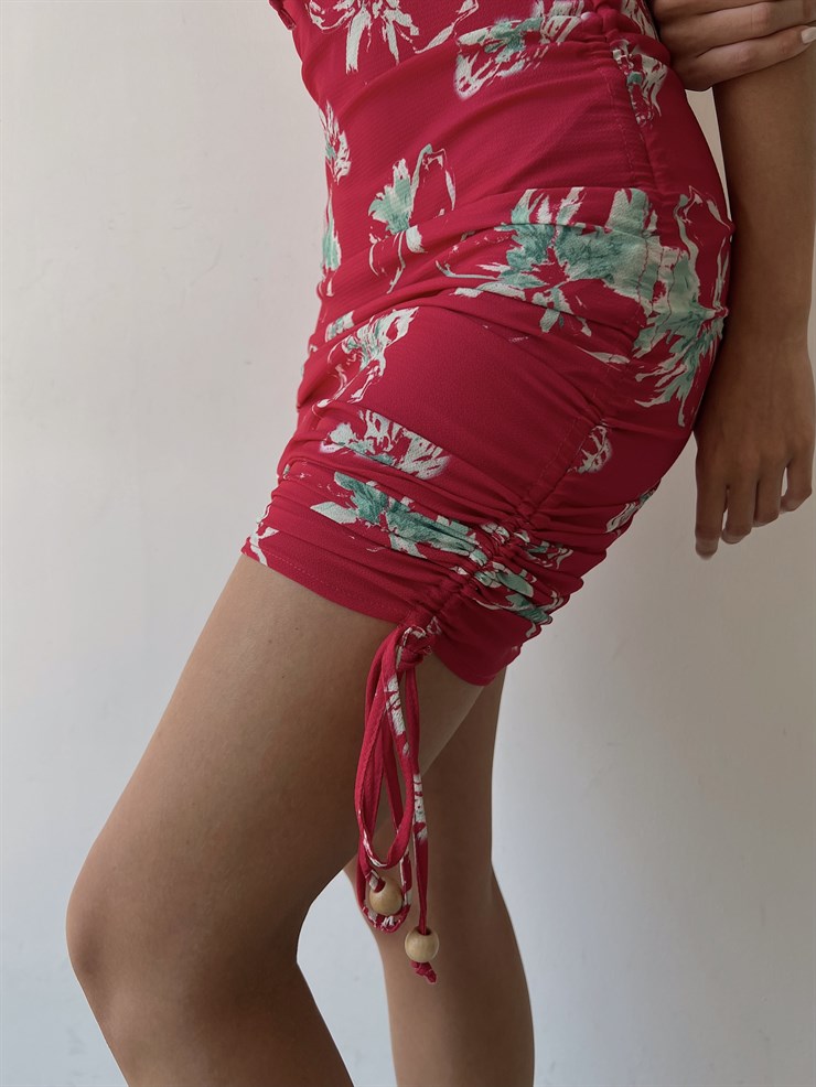 Midi Boy Çiçekli Göğüs Kuplu Boyu Ayarlanabilir Bağcıklı Kaley Kadın Bordo Elbise 22Y000298