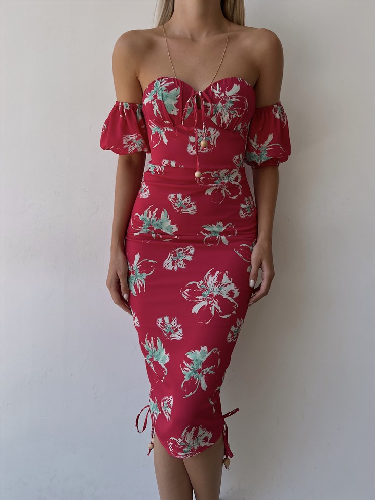 Midi Boy Çiçekli Göğüs Kuplu Boyu Ayarlanabilir Bağcıklı Kaley Kadın Bordo Elbise 22Y000298