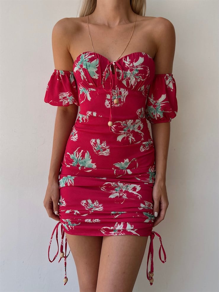 Midi Boy Çiçekli Göğüs Kuplu Boyu Ayarlanabilir Bağcıklı Kaley Kadın Bordo Elbise 22Y000298