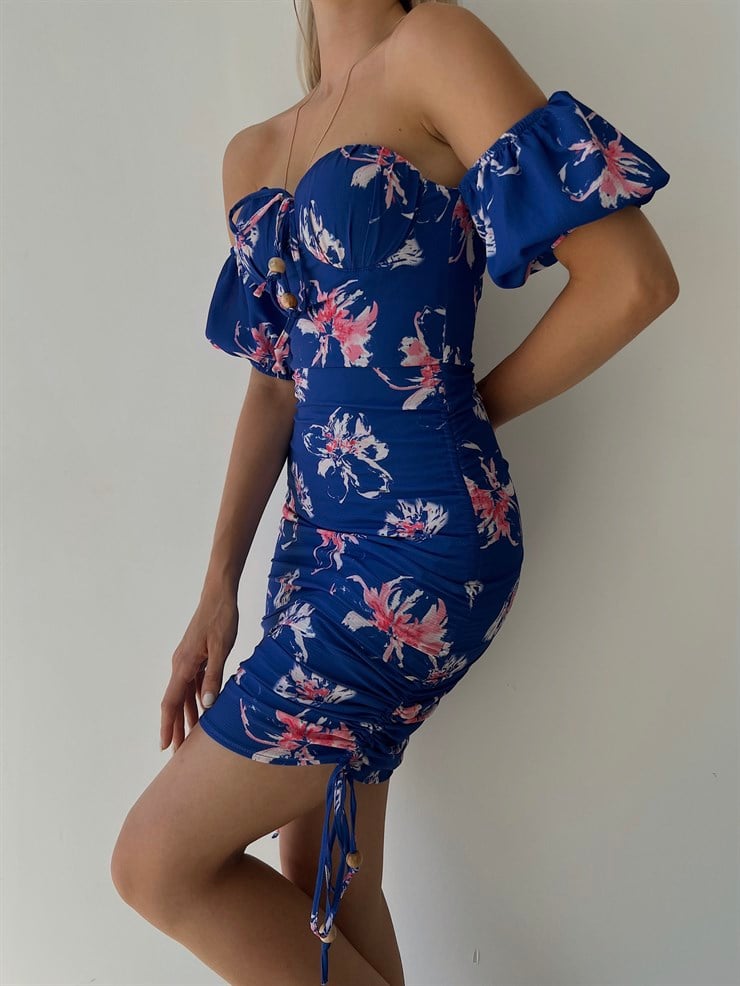 Midi Boy Çiçekli Göğüs Kuplu Boyu Ayarlanabilir Bağcıklı Kaley Kadın Saks Elbise 22Y000298